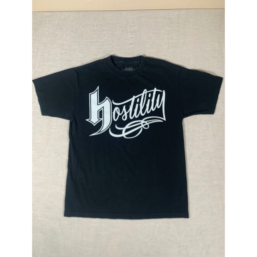 Hostility Graphic T-Shirt Mens Medium Black Excellent Script Logo Streetwear - Picture 6 of 6